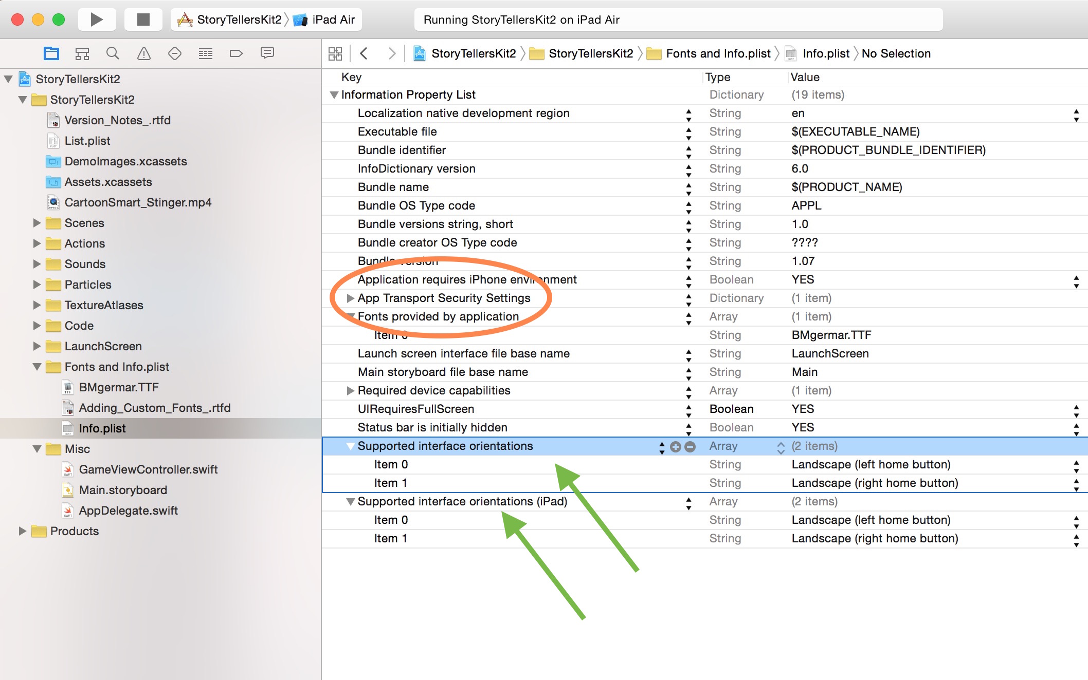 Change orientations in Xcode 7 in Info plist