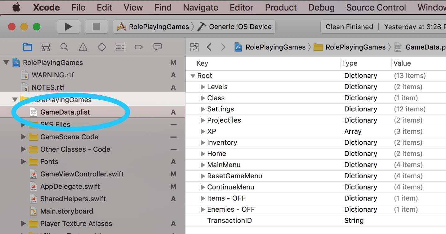 Root view of property list in Role Playing Games iOS Template