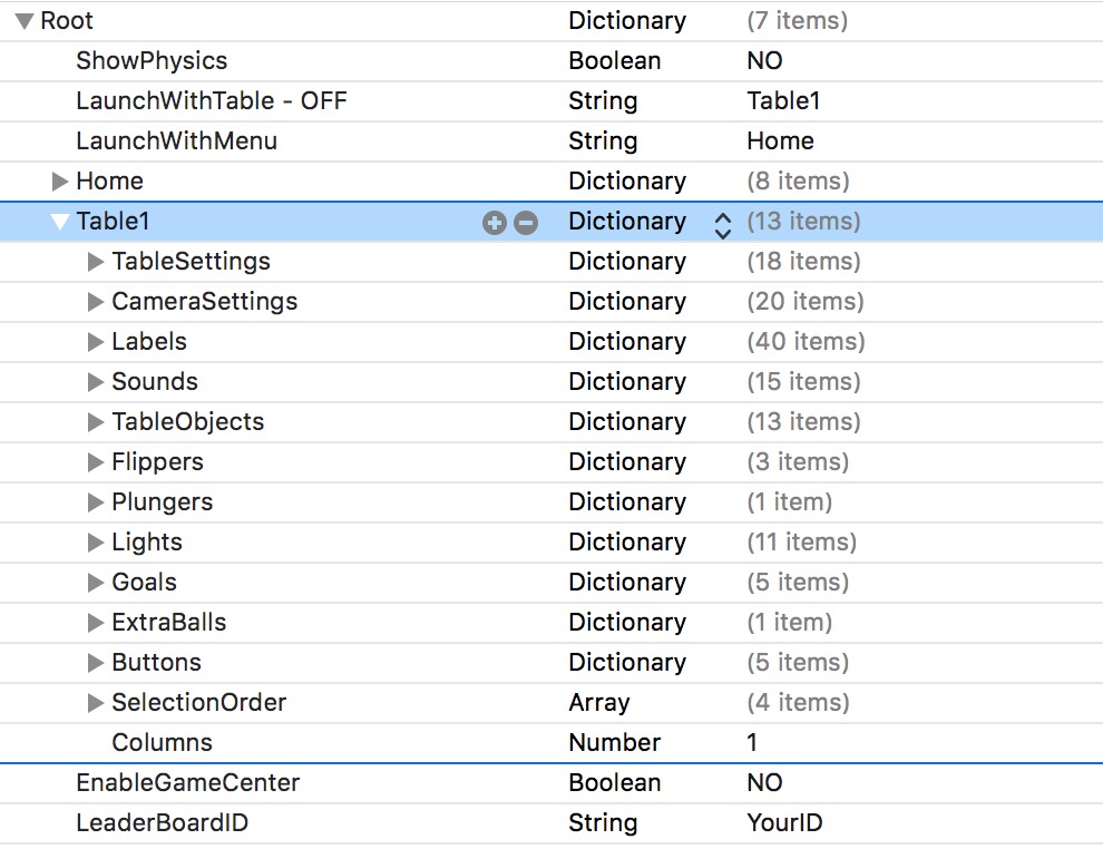 The property list in the Pinball Games Starter Kit