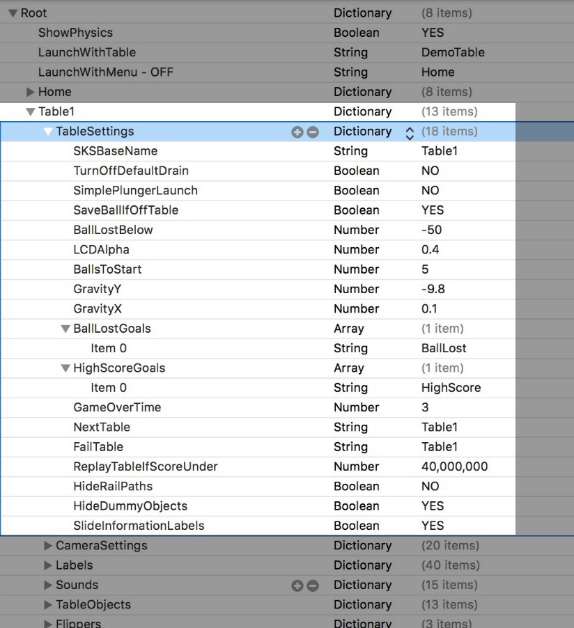 Table Settings in the Pinball Games iOS and tvOS Starter Kit