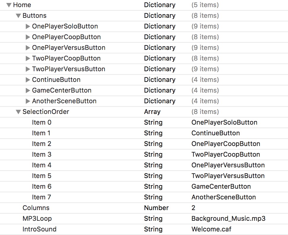 The Home screen property list in the tvos ios platform games starter kit