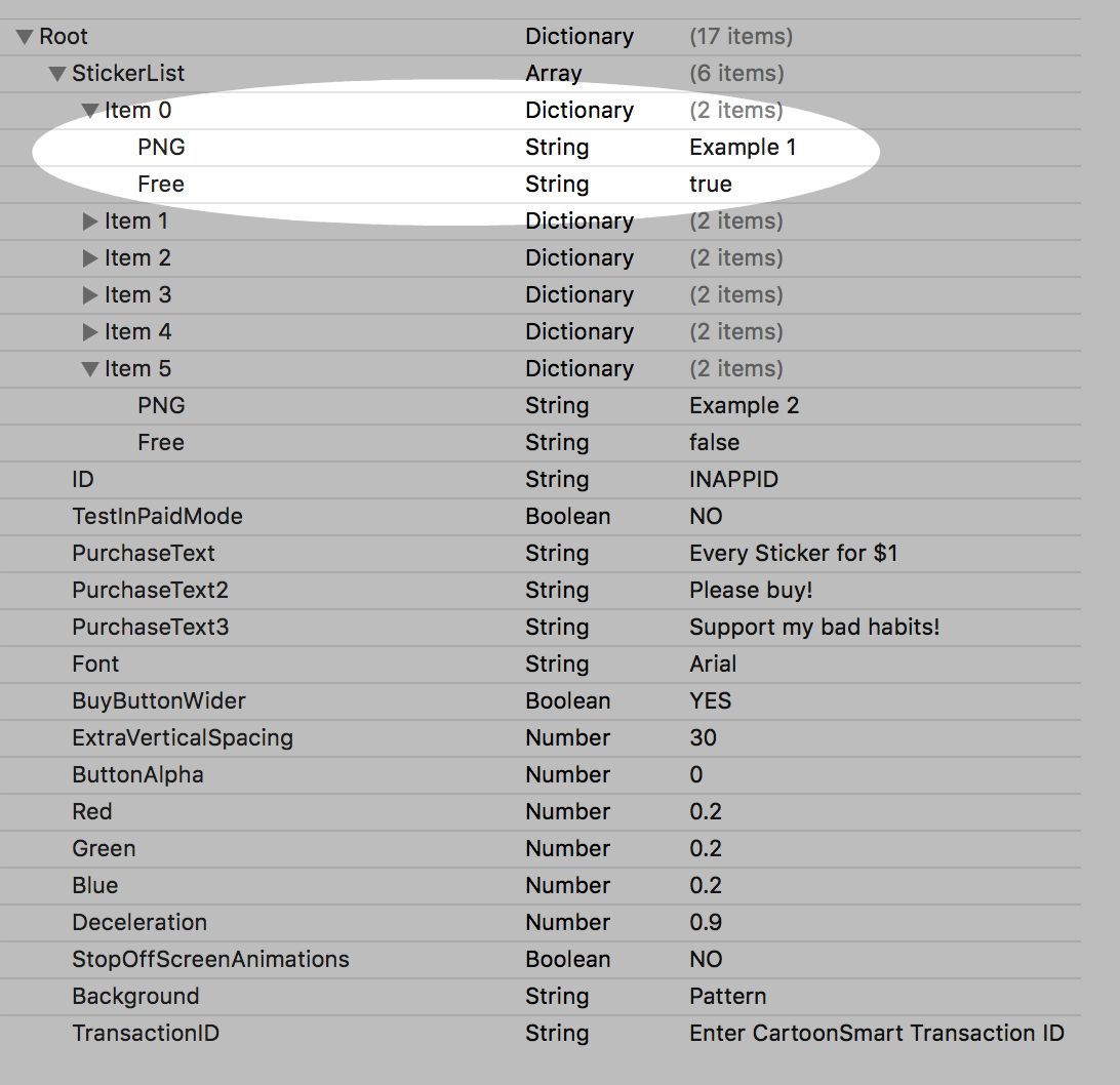 The Property List for In App Purchasing Sticker Pack