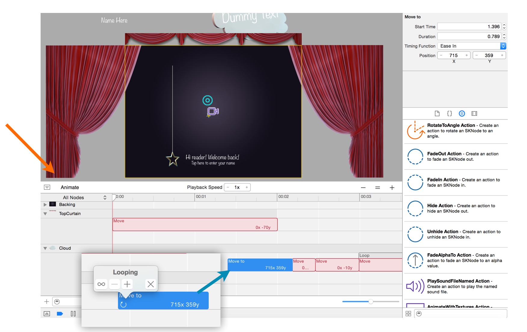Toggle Animate and Layout in SKAction Timeline editor